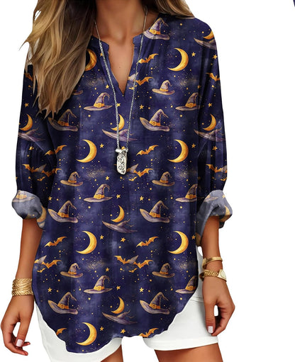Womens Bohemian Print Tunic Top Cotton Blend V Neck Long Sleeve Loose Fit Casual Blouse for Summer Beach Vacation