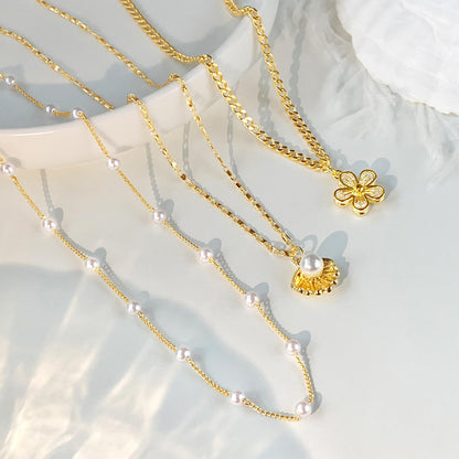 Zeffy Shell Necklace for Women,14K Gold Plated Layered Starfish Conch SeaShell Pearl Pendant Charm Necklace Stack Waterproof Dainty Beach Jewelry for Summer Vacation
