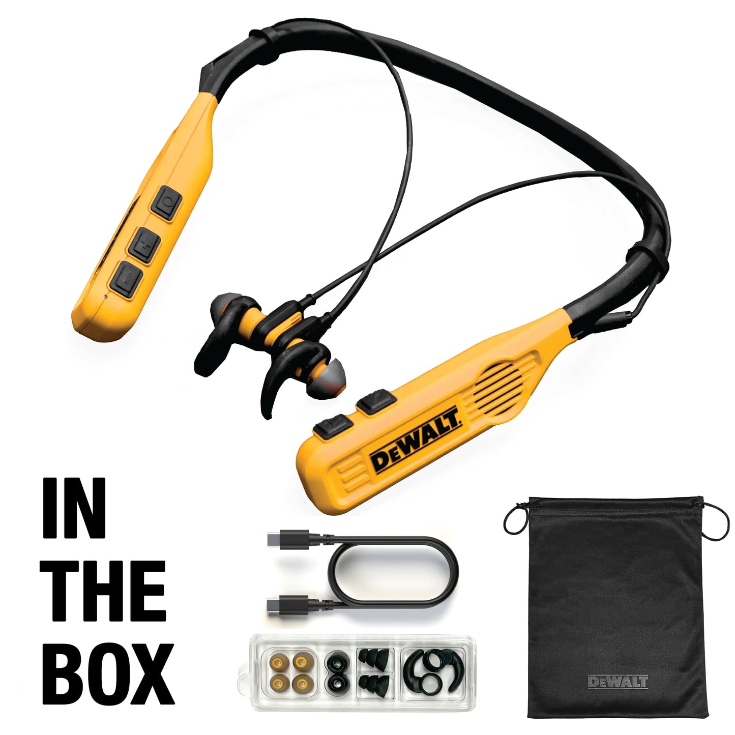 DEWALT Heavy Duty Black Edition 2-in-1 Neckband Bluetooth Headphones w/Built-in Speakers, Jobsite Wearable Speaker & Around Neck, Wireless Headset, 60+ Hrs Hands-Free Music & Calls, Carry Pouch