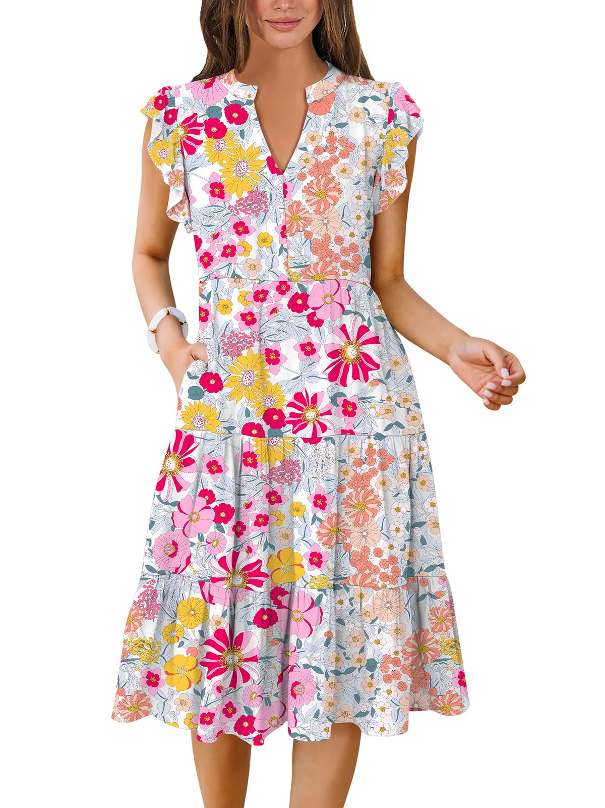 ANRABESS Womens Summer Dress Ruffle Sleeve V Neck Midi Dresses Fashion Casual Fit Flowy Tiered Boho Beach Vacation Sundress