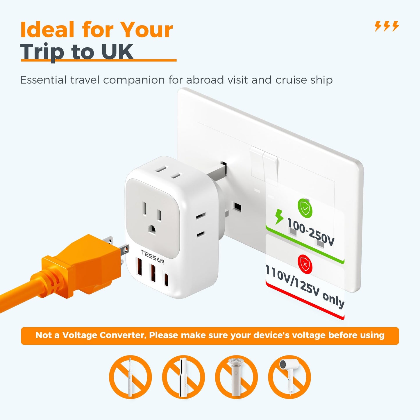 TESSAN 2 Pack European Travel Plug Adapter, Europe Power Converter