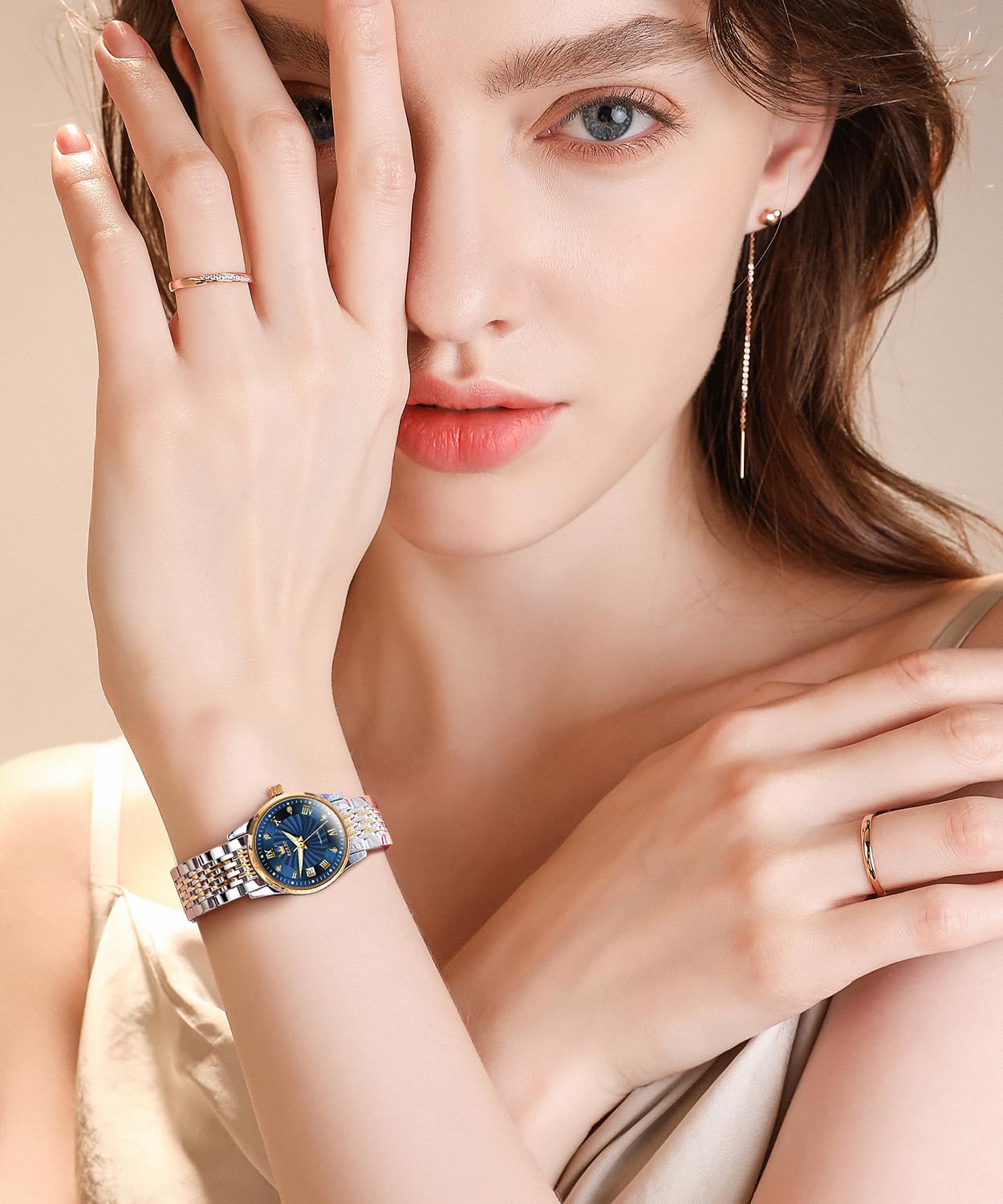 OLEVS Womens Automatic Watches Gold Classic Diamond Ladies Self Winding Mechanical Two Tone Stainless Steel Wrist Watch Date