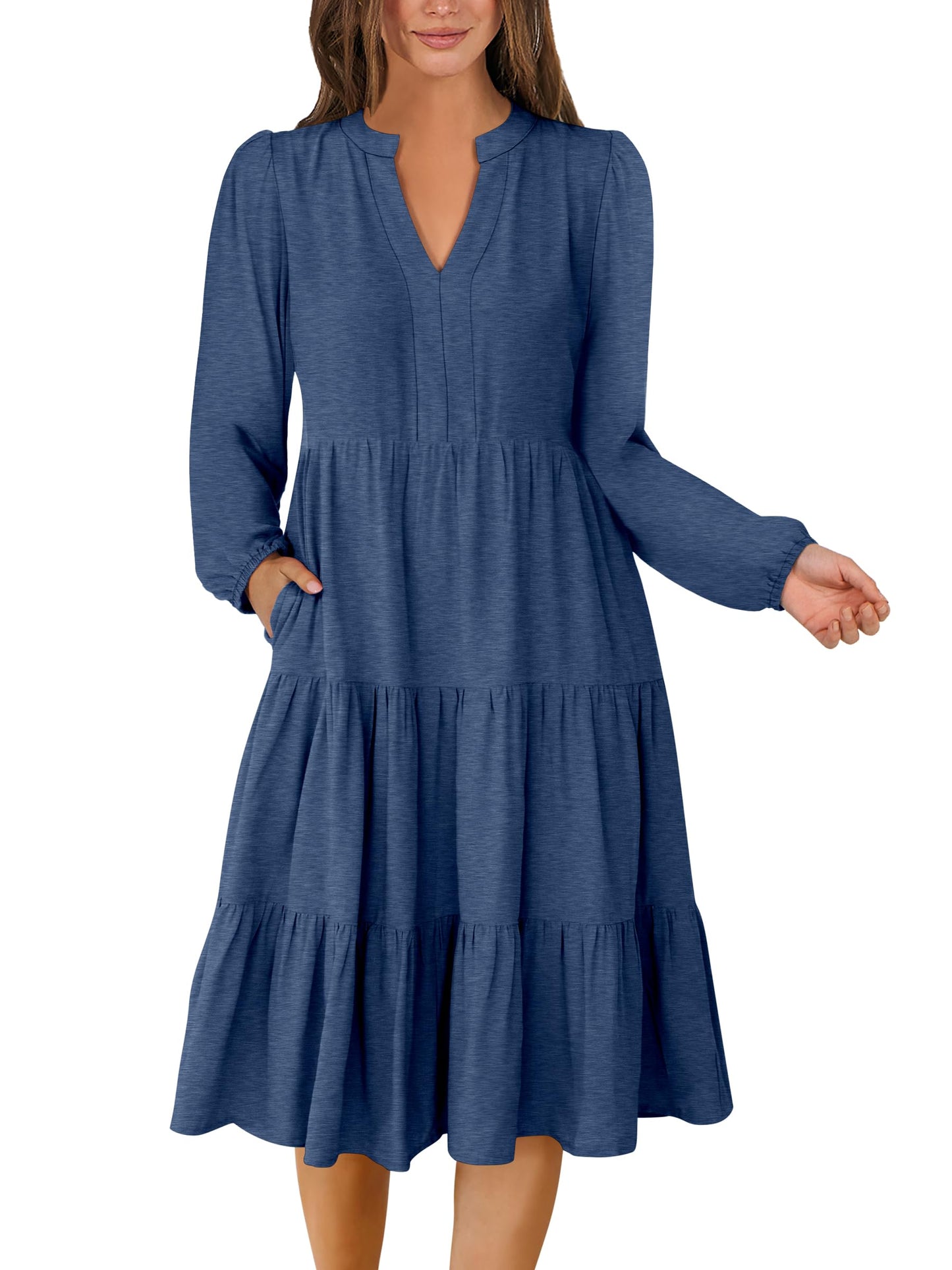 ANRABESS Womens V Neck Long Sleeve Midi Dress | Swing Flowy Tiered with Pockets, Soft Fabric, Boho Beach Vacation Dresses, Loose Fit Casual, Fall Winter Transition Clothes