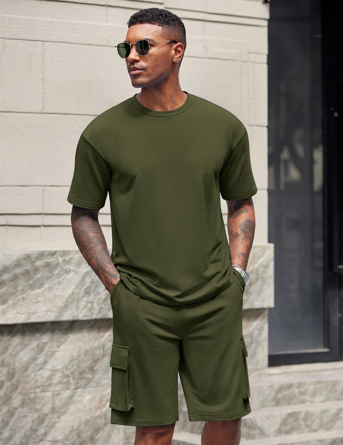 COOFANDY Men's Shirt and Shorts Set 2 Piece Fashion Summer Tracksuits Cotton Oversized T-Shirts Cargo Shorts Outfits