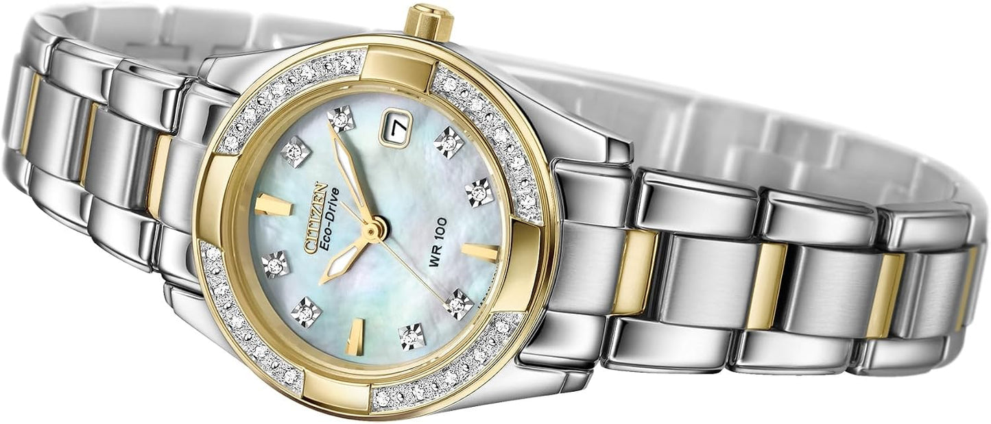 Citizen Women's Eco-Drive Dress Classic Diamond Watch in Two-Tone Stainless Steel, Mother of Pearl Dial (Model: EW1824-57D)
