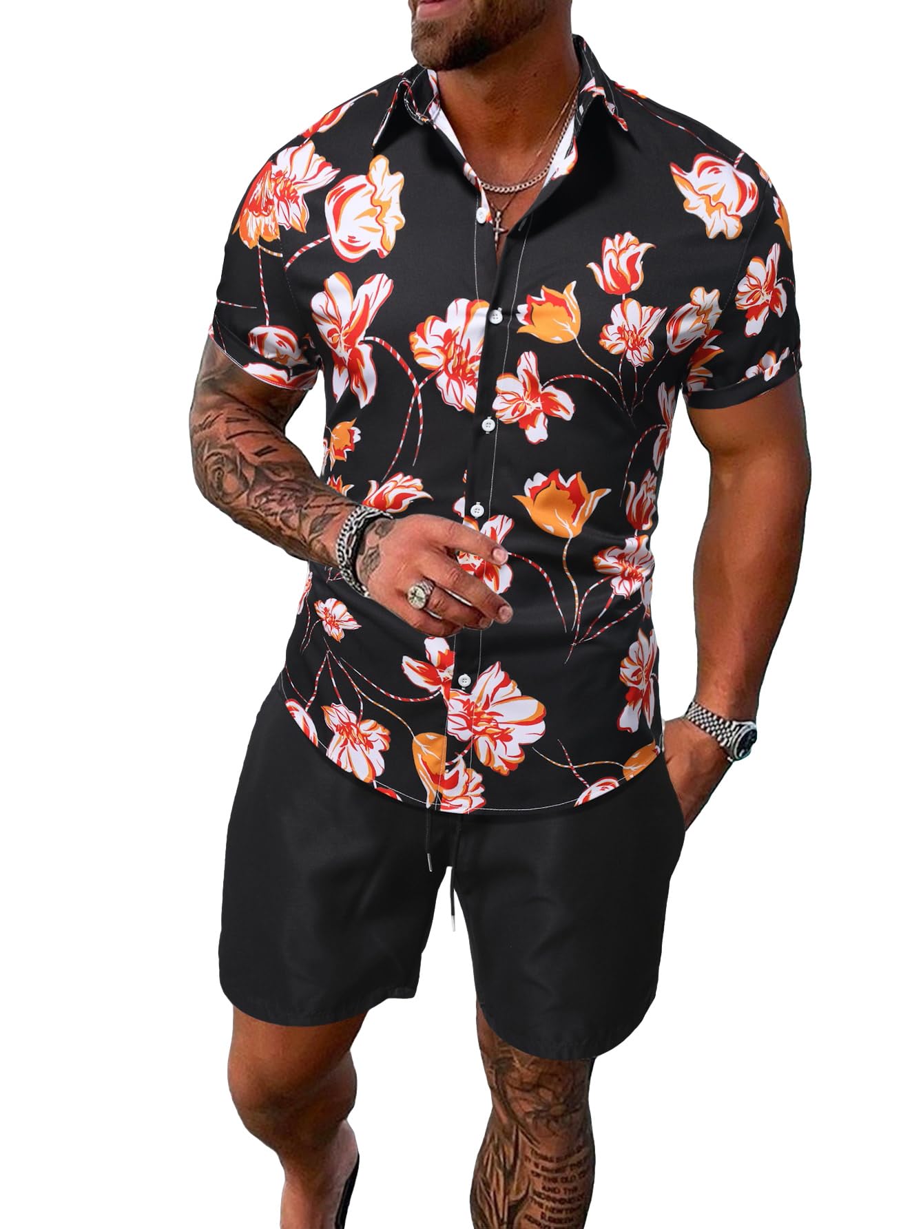 GORGLITTER Men's Vacation Beach Cruise Summer Outfits 2 Piece Shorts Set Hawaiian Button Down Shirt and Shorts