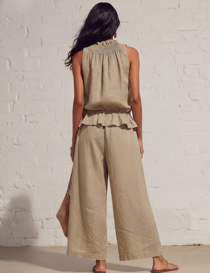 Tanming Women's Linen 2 Piece Outfits Sleeveless Ruffle Top Wide Leg Pants Summer Loungewear Beach Travel Sets