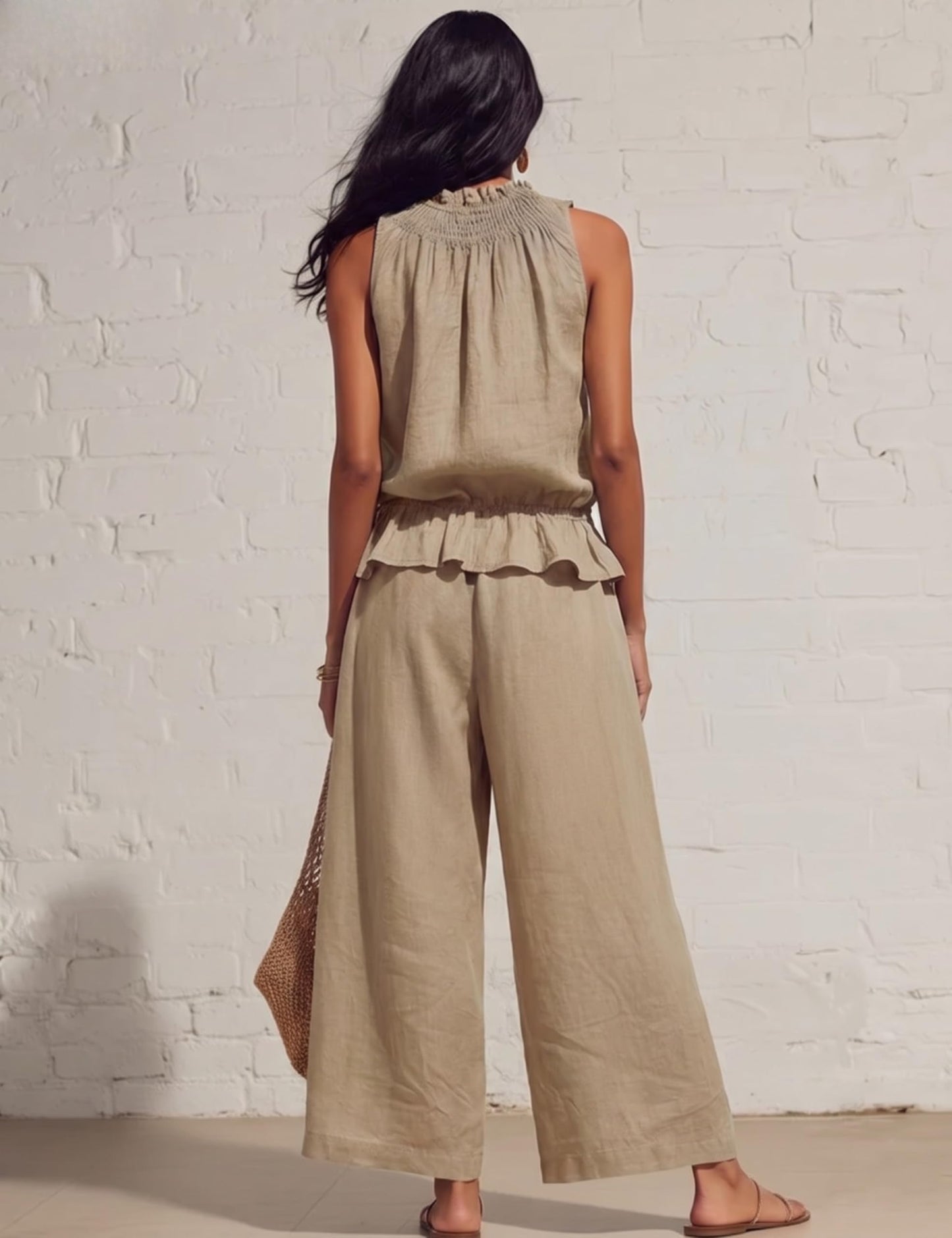 Tanming Women's Linen 2 Piece Outfits Sleeveless Ruffle Top Wide Leg Pants Summer Loungewear Beach Travel Sets