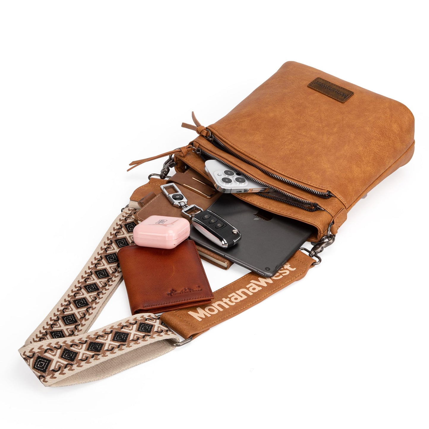 Montana West Multi Zip Pocket Crossbody Bag With Guitar Strap
