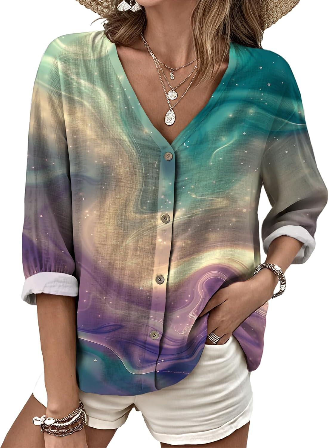 MARSVOVO V Neck Shirts for Women Lightweight Decorative Button 3/4 Sleeve Blouses Comfy Casual Business Flowy Top
