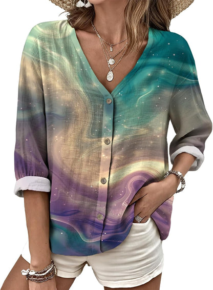 MARSVOVO V Neck Shirts for Women Lightweight Decorative Button 3/4 Sleeve Blouses Comfy Casual Business Flowy Top