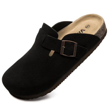 Women Suede Clogs Casual Slip On Potato Mule Slippers | Soft Suede Upper, Arch-Support Cork Insole, Adjustable Buckle, Anti-Slip Sole