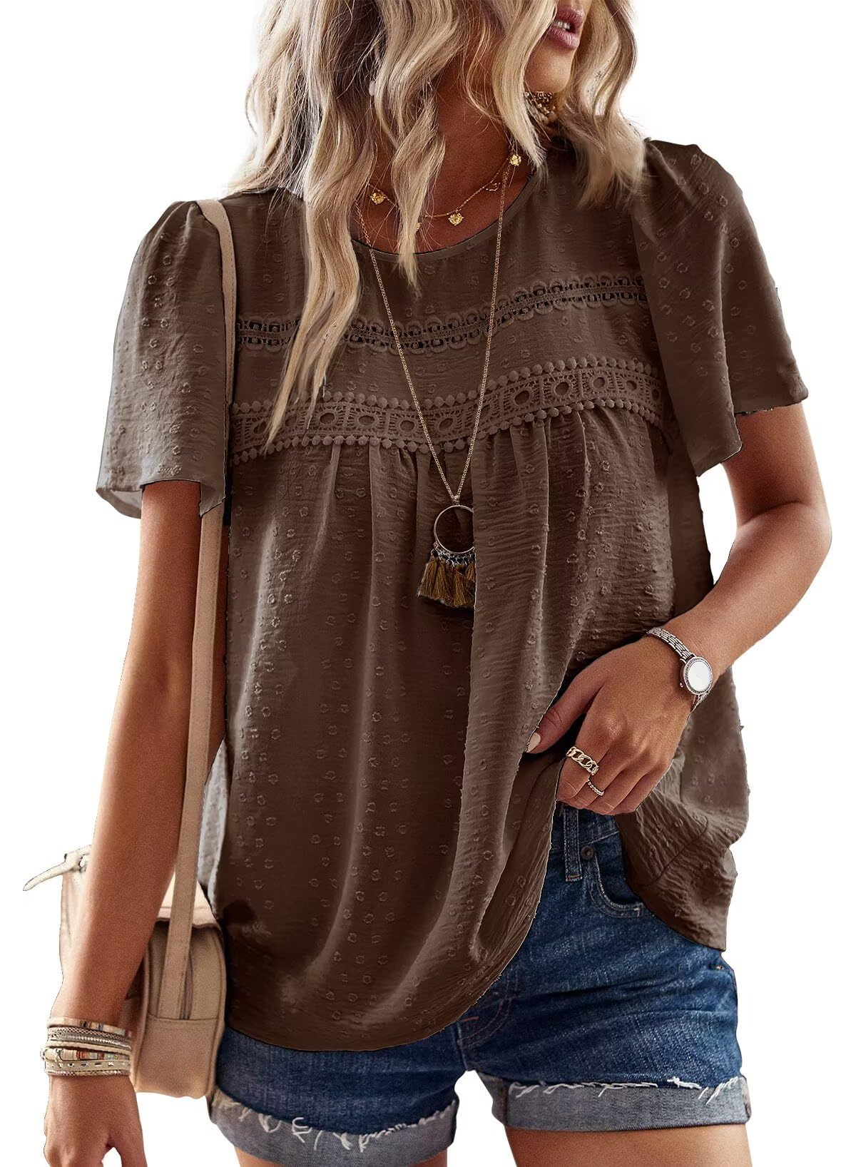 Falechay Womens Summer Tops Crewneck Short Sleeve Shirts Casual Chiffon Blouses Flowy Lace Hem Boho Clothing Trendy 2026
