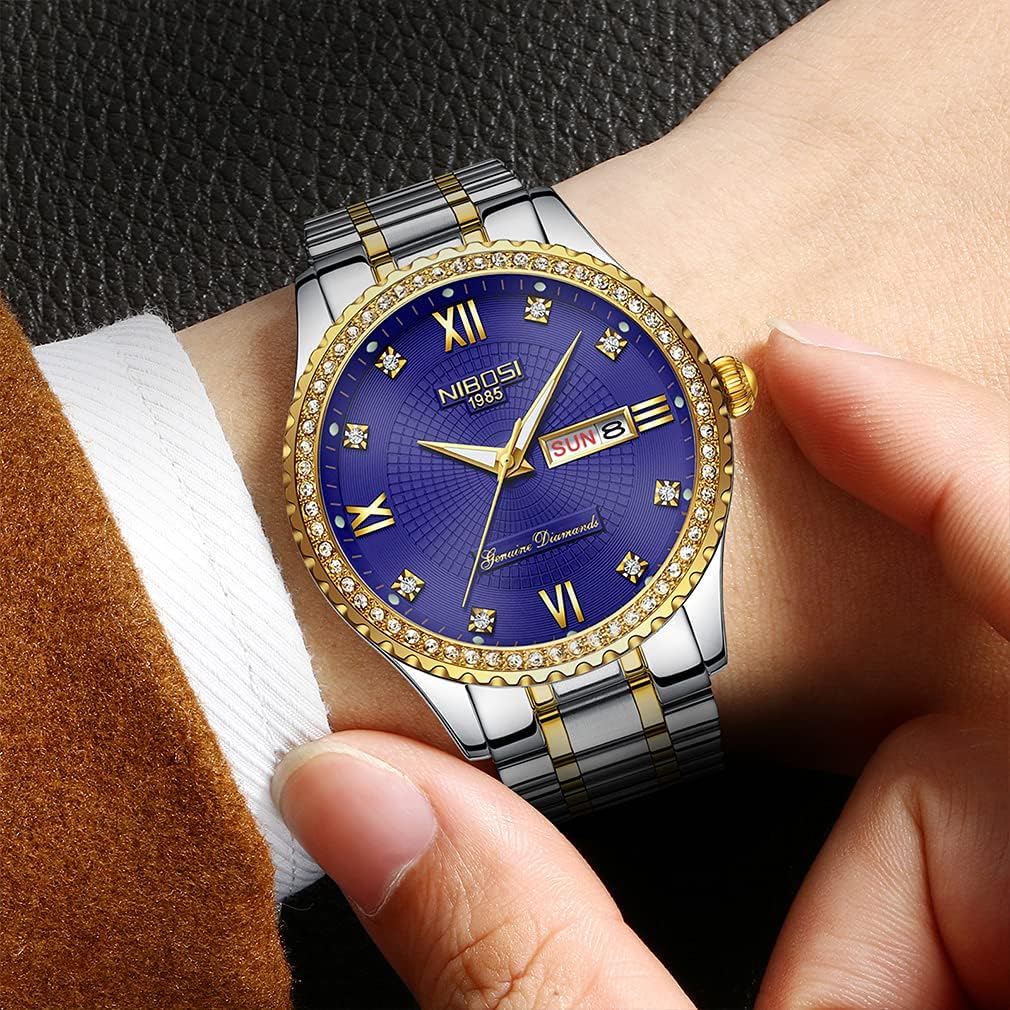 NIBOSI Watches for Couples Diamond Luxury Men and Women His and Hers Pair Watch Set Husband Wife Valentines Matching Wrist Watch Wedding Gifts Day Date Waterproof Quartz Analog