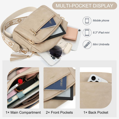 Small Leather Crossbody Bags for Women Anti theft Purses and Handbag Shoulder Hangbag with Wide Strap Tassel