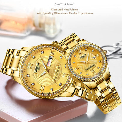 NIBOSI Watches for Couples Diamond Luxury Men and Women His and Hers Pair Watch Set Husband Wife Valentines Matching Wrist Watch Wedding Gifts Day Date Waterproof Quartz Analog