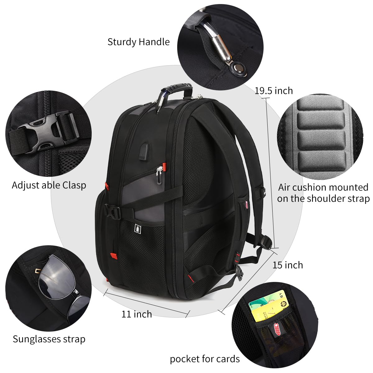 SHRRADOO Extra Large 50L Travel Laptop Backpack with combination lock,High School College Backpack Airline Approved Business Work Bag Fit 17 Inch Laptops for Men Women,Black