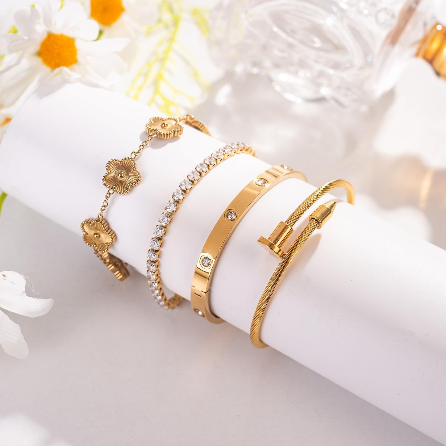18K Gold Plated Bangle Bracelet Set for Women Stackable Lucky Floral Adjustable Tennis Bracelet Non Tarnish Gift Jewelry for Christmas Valentines Birthday Mother's Day