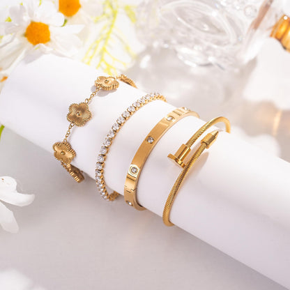 18K Gold Plated Bangle Bracelet Set for Women Stackable Lucky Floral Adjustable Tennis Bracelet Non Tarnish Gift Jewelry for Christmas Valentines Birthday Mother's Day