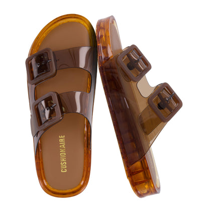 CUSHIONAIRE Pool Slides for Women Water Resistant Double Buckle Adjustable Slip-On Womens Sandals for Beach Shower Casual Wear