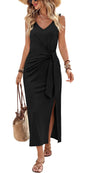 OFEEFAN Summer Dresses for Women 2026 V Neck Sleeveless Casual Dress Elegant Work Long Midi Dresses for Women Tie Waist