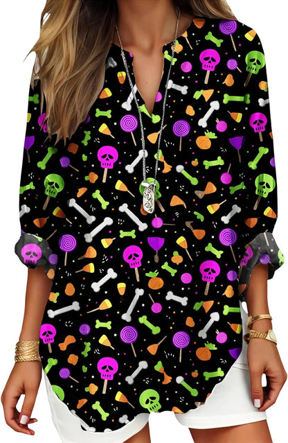 Womens Bohemian Print Tunic Top Cotton Blend V Neck Long Sleeve Loose Fit Casual Blouse for Summer Beach Vacation