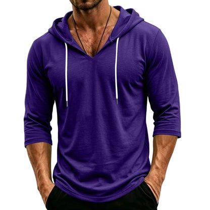 Mens Hooded 3/4 Sleeve Pullover Relaxed Fit Casual Lightweight Comfort Top