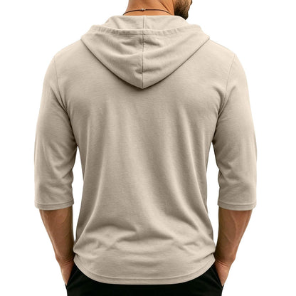 Mens Hooded 3/4 Sleeve Pullover Relaxed Fit Casual Lightweight Comfort Top