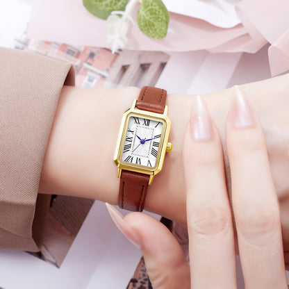 BESTKANG Leather Strap Watches for Women Elegant Dainty Ladies Watch Vintage Rectangle Women Quartz Wrist Watch