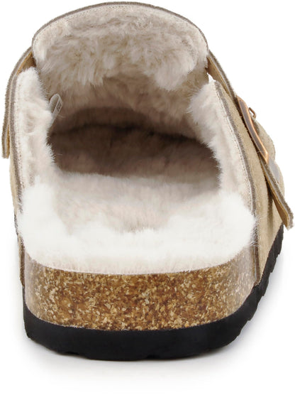Erica Women's Cork Footbed Clogs Genuine Soft Suede Fuzzy Faux Fur Lined Comfort Cushioned Mule Slide Shoes
