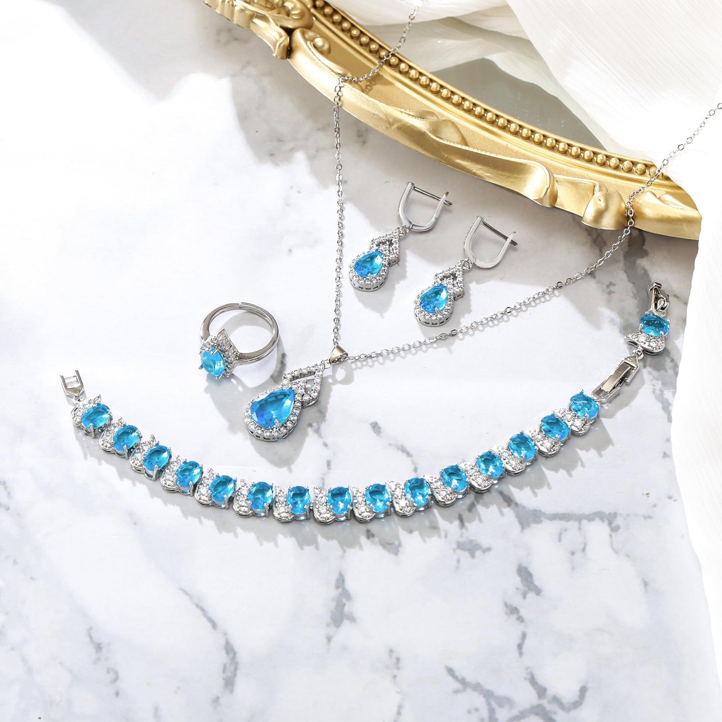 BriLove Wedding Jewelry Set for Women Bride Bridesmaid | Gorgeous Cubic Zirconia Teardrop Necklace Earrings Bracelet Adjustable Ring Jewelry Gift for Birthday/Anniversary