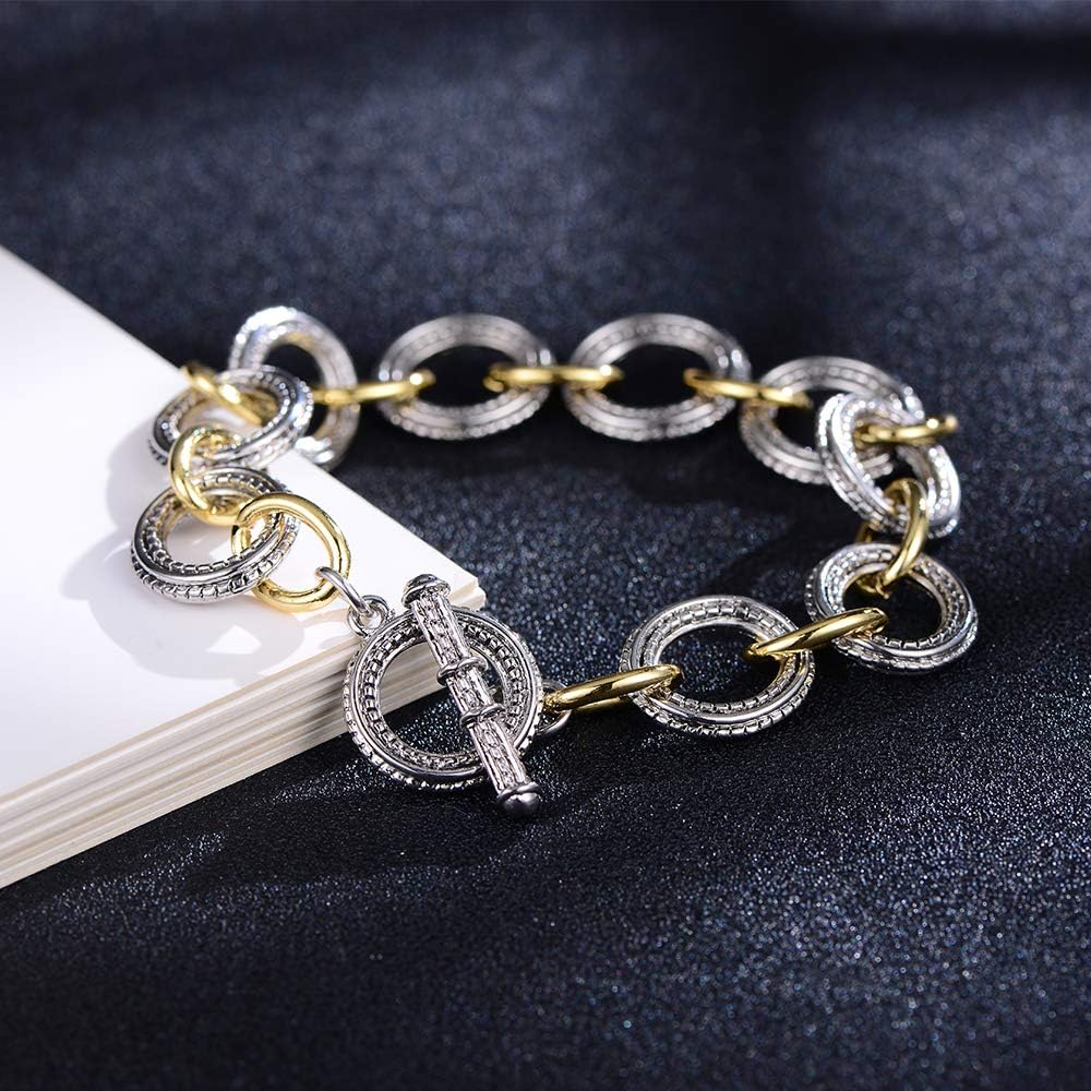 Mytys Chunky Chain Link Bracelet Two-Tone Mixed Metal Textured Toggle Clasp Statement Bangle Bracelet Jewelry for Women Fashion