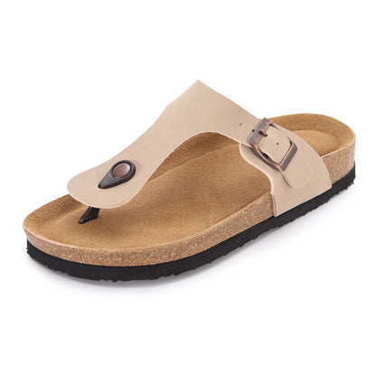 Cork Footbed Flip Flops for Women, Comfortable Beach Sigle Buckle Slip-On with Genuine Suede Footbed & Memory Foam Arch Support Flats Slides for Women Footwear