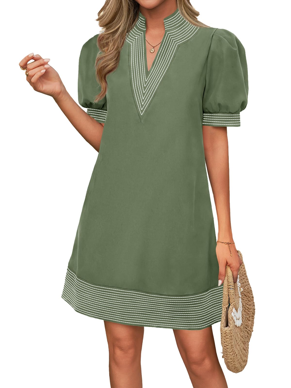 Wenrine Womens Summer V Neck Shift Dresses Casual Puff Short Sleeve Color Block Short Boho Beach Dresses with Pockets