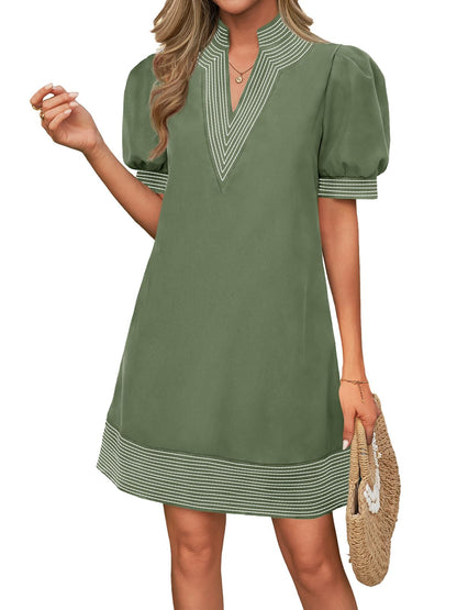 Wenrine Womens Summer V Neck Shift Dresses Casual Puff Short Sleeve Color Block Short Boho Beach Dresses with Pockets