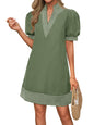 Wenrine Womens Summer V Neck Shift Dresses Casual Puff Short Sleeve Color Block Short Boho Beach Dresses with Pockets