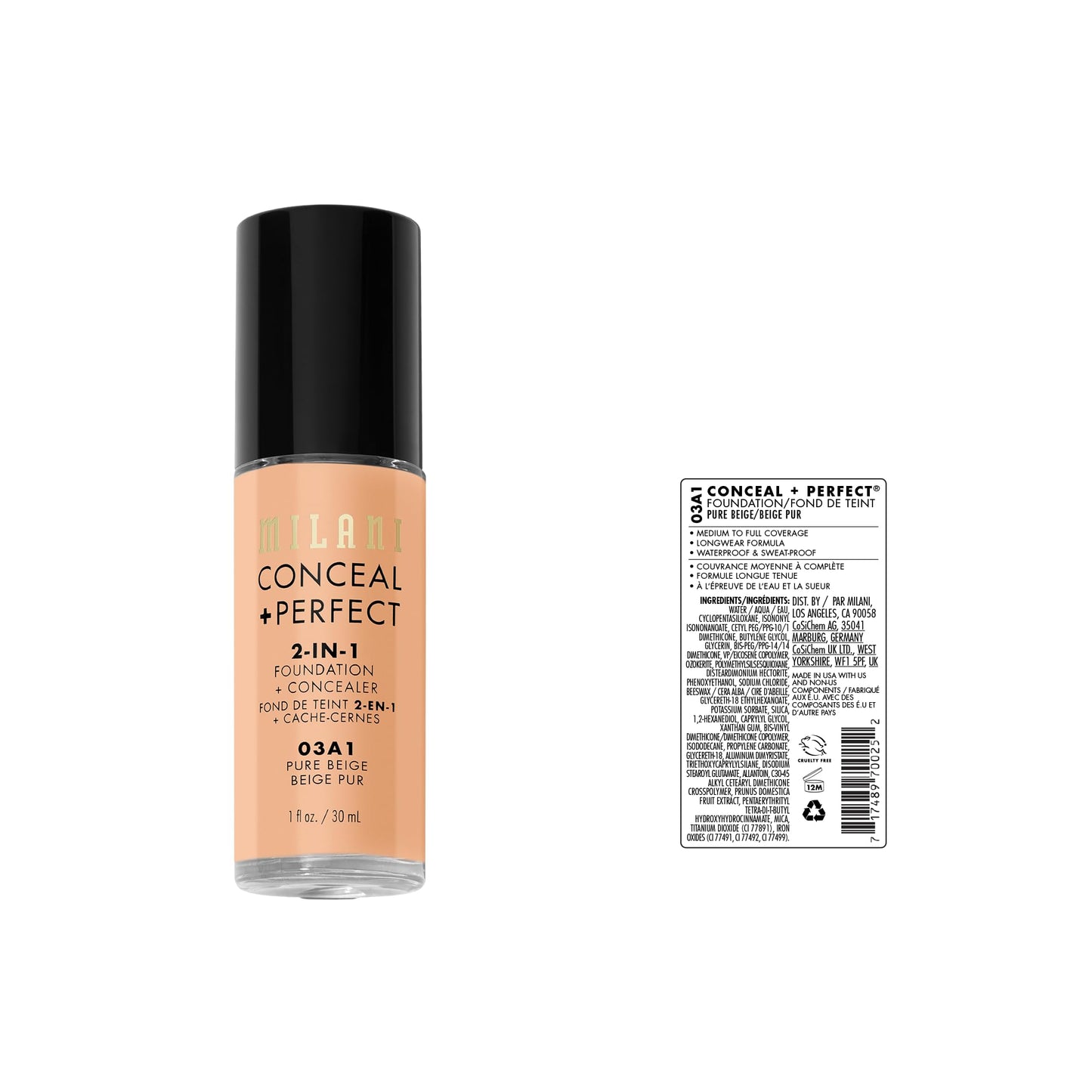 Milani Conceal + Perfect 2-in-1 Foundation + Concealer for a Flawless Complexion, Under Eye Corrector, Cover Redness and Imperfections, Waterproof and Sweatproof - 05A-Natural Beige