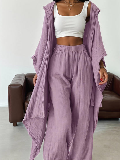 SOLY HUX Women's 2 Piece Linen Sets Hooded Kimono Cardigan High Waist Pants | Boho, Wide Leg, Elastic Waisted, Casual, Flowy, 2 Piece Outfits