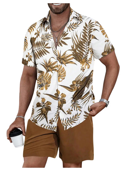 GORGLITTER Men's Vacation Beach Cruise Summer Outfits 2 Piece Shorts Set Hawaiian Button Down Shirt and Shorts