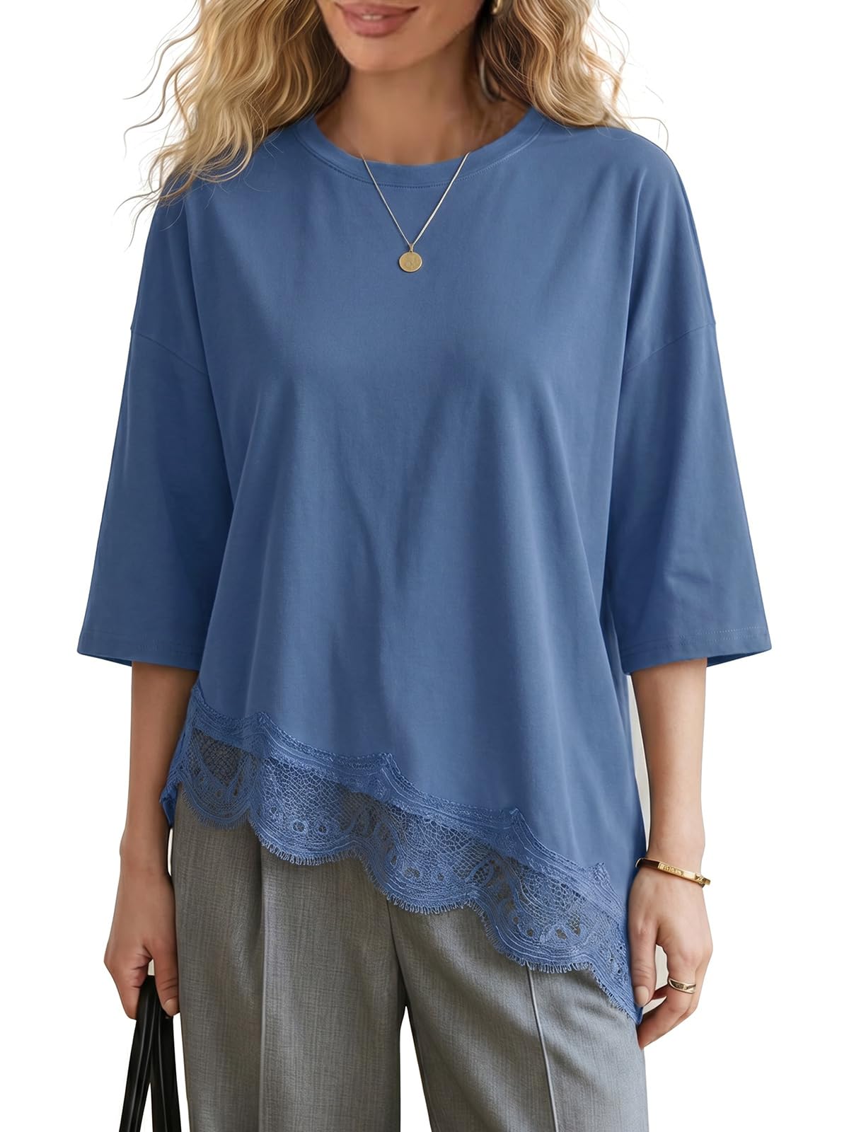 EXLURA Womens Summer Oversized Lace Trim T Shirts 2026 Casual Half Sleeve Asymmetrical Hem Tops Loose Crewneck Tunic Blouse