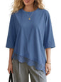 EXLURA Womens Summer Oversized Lace Trim T Shirts 2026 Casual Half Sleeve Asymmetrical Hem Tops Loose Crewneck Tunic Blouse