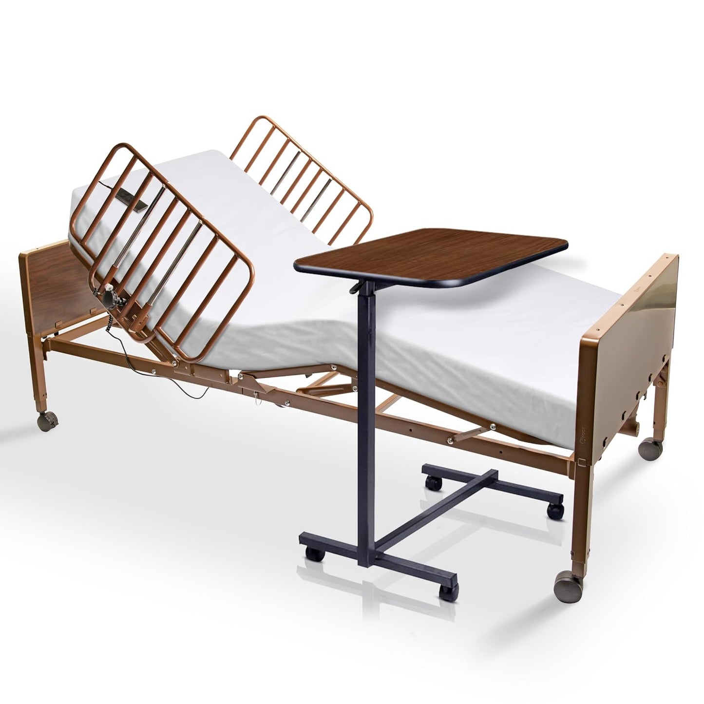 Electric Hospital Bed for Home Use - Includes Foam Mattress, Half Rails, Overbed Table - Medical Bed Set for Long Term Care - 36" x 80"