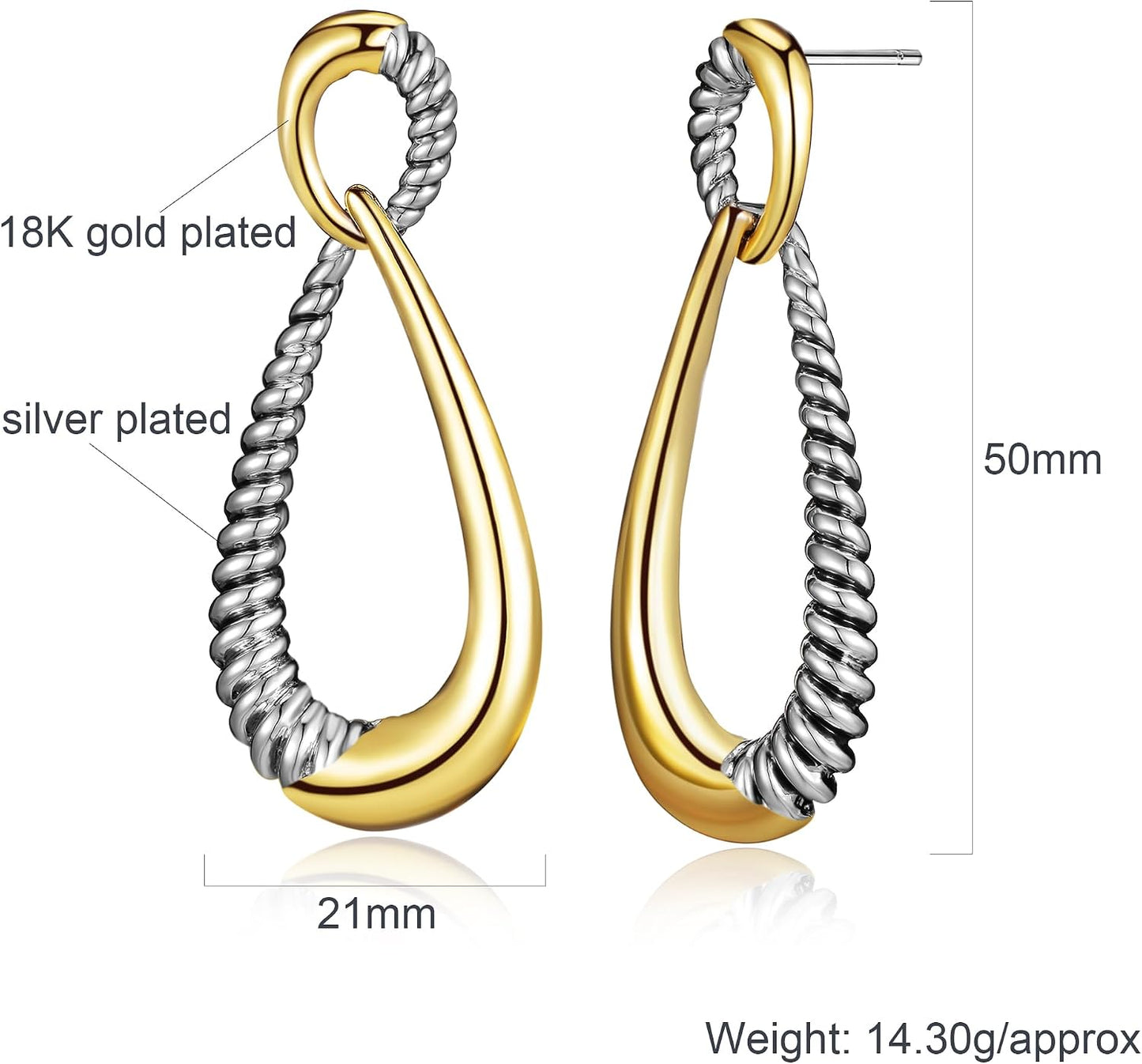 Mytys Two Tone Curved Dangle Drop Earrings - Gold Silver Plated Statement Earrings with Twisted Rope Design, Hypoallergenic Post for Women