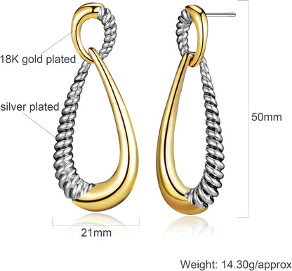 Mytys Two Tone Curved Dangle Drop Earrings - Gold Silver Plated Statement Earrings with Twisted Rope Design, Hypoallergenic Post for Women