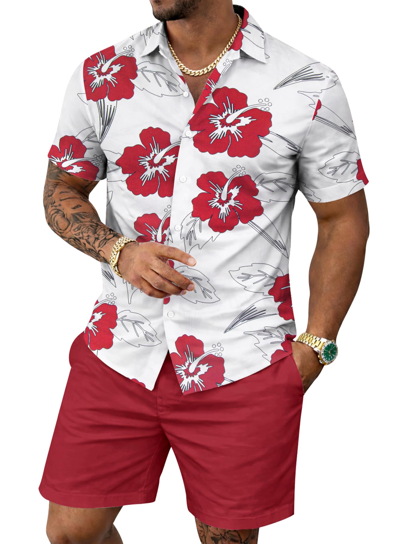 Yoimira Men's Summer Outfits 2 Piece Short Sets Hawaiian Floral Button Down Shirt and Shorts Vacation Beach Cruise Set