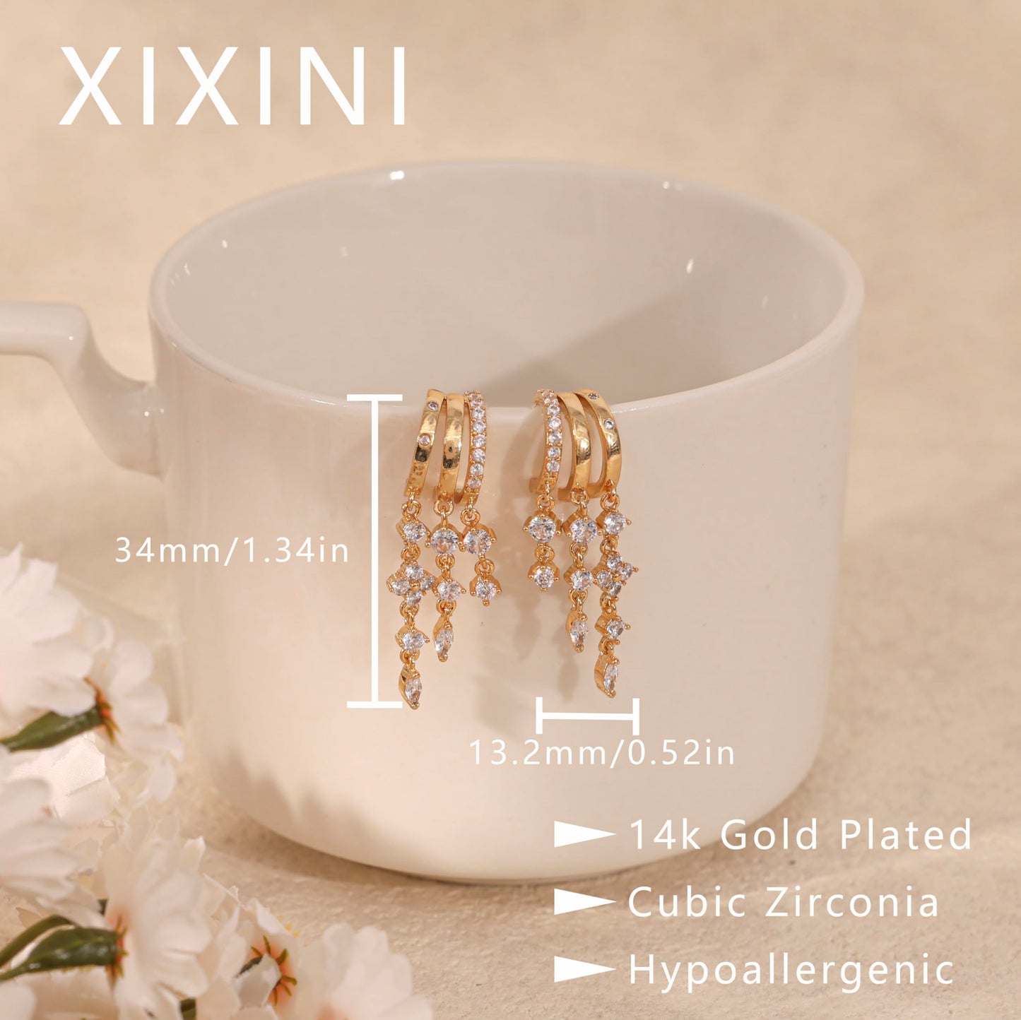 Gold Dangle Earrings for Women,Dainty 14K Gold Plated Triple Huggie Hoop Earrings Cute Statement Drop Earrings for Women Trendy Hypoallergenic CZ Gold Earrings Non Tarnish Wedding Prom Jewelry