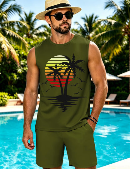 LecGee Men's 2 Piece Hawaiian Tank Tops Tropical Floral Beach Sleeveless Round neck T-shirt Casual Daily Beach Summer