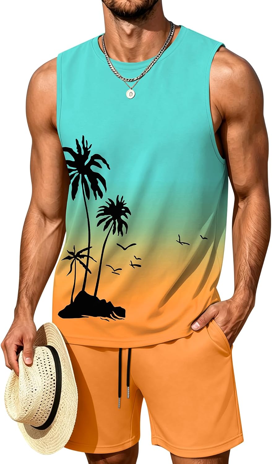 LecGee Men's 2 Piece Hawaiian Tank Tops Tropical Floral Beach Sleeveless Round neck T-shirt Casual Daily Beach Summer