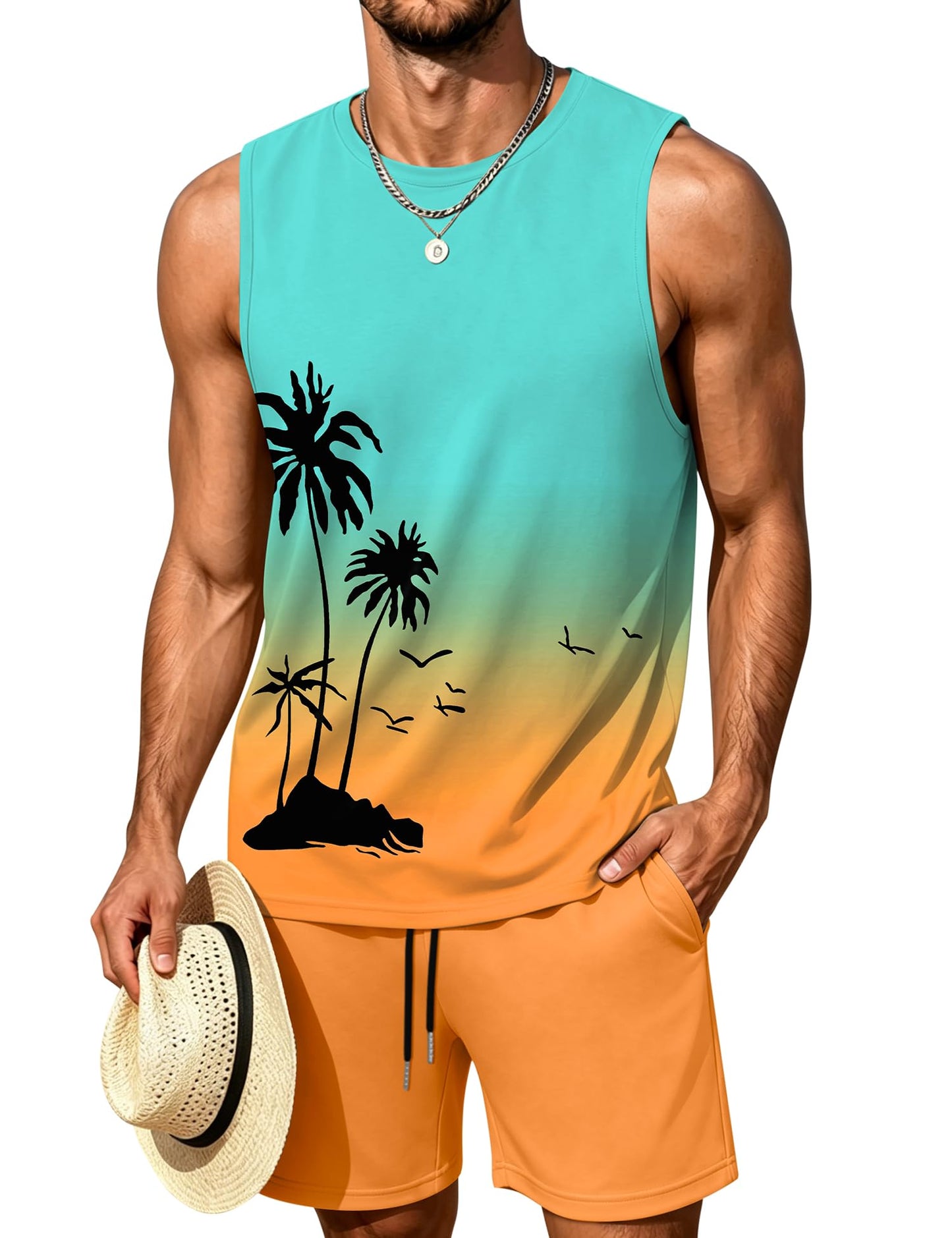 LecGee Men's 2 Piece Hawaiian Tank Tops Tropical Floral Beach Sleeveless Round neck T-shirt Casual Daily Beach Summer