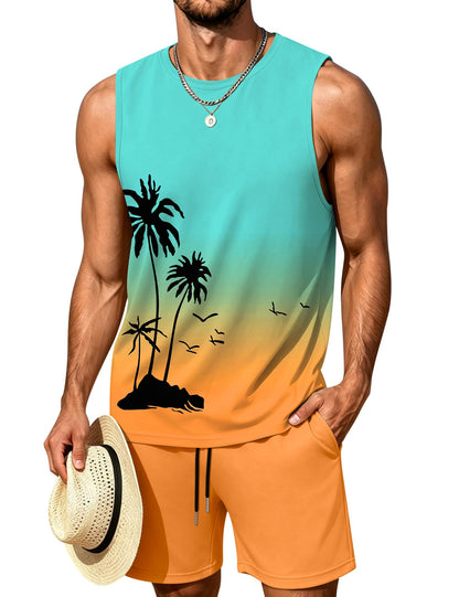 LecGee Men's 2 Piece Hawaiian Tank Tops Tropical Floral Beach Sleeveless Round neck T-shirt Casual Daily Beach Summer